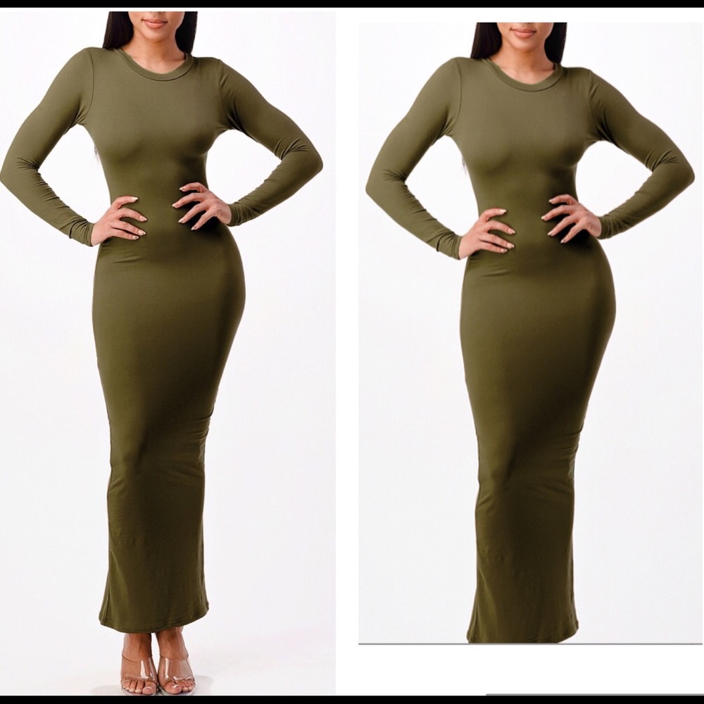 Mock neck long sleeves maxi dress (olive)